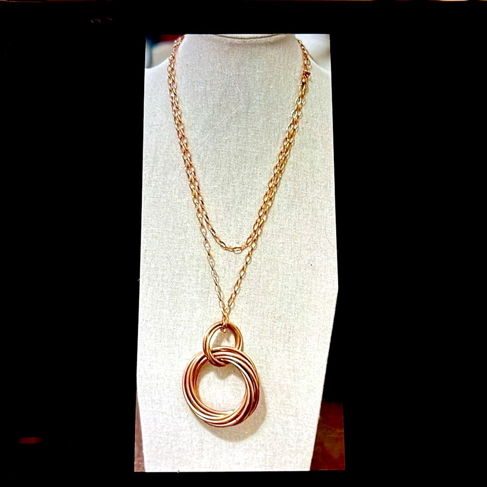 Vintage Milor Rose Gold Tone Bronze necklace with ring pendant. Approx 36” long